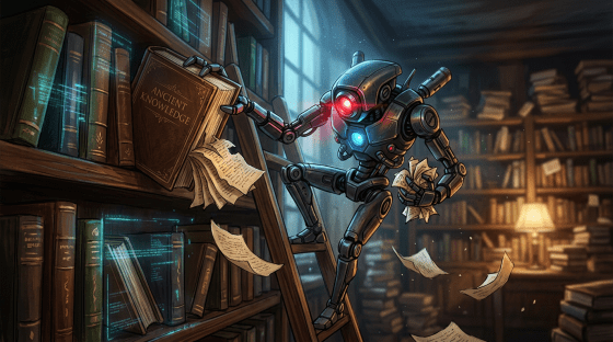 Robot on ladder reaching for 'Ancient Knowledge' book in a dimly lit library with floating holographic pages